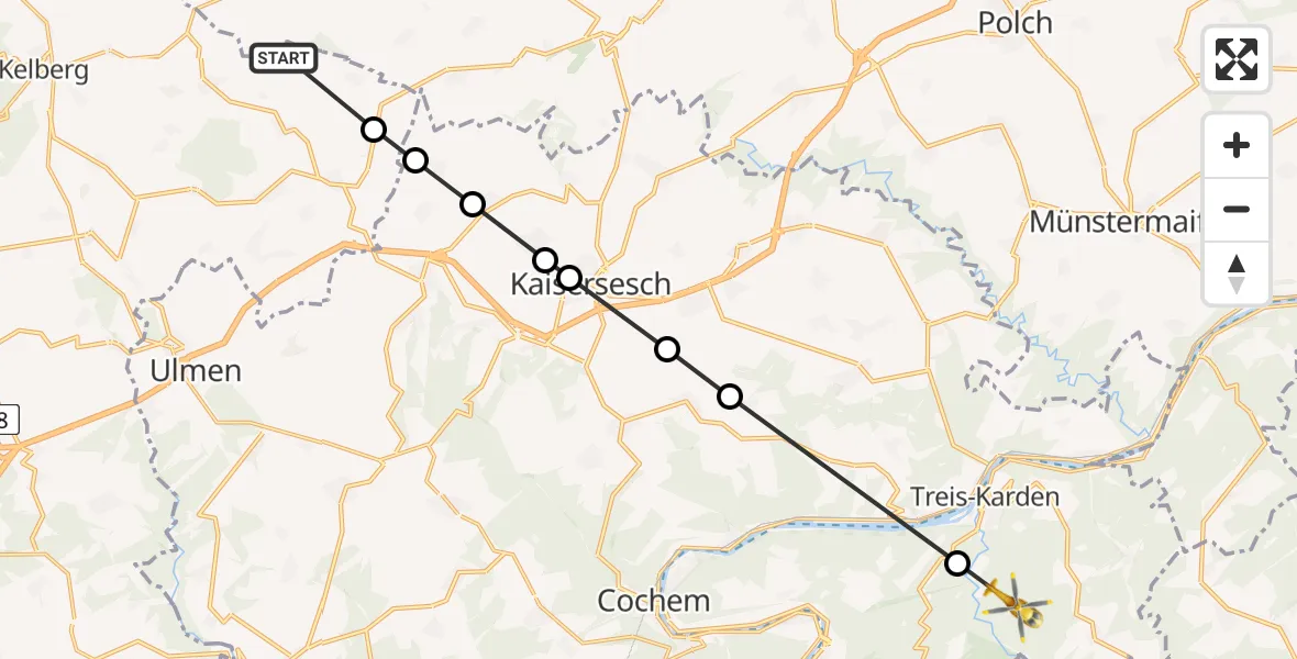 Flugroute Ambulanzhubschrauber Retterath - Treis-Karden, 19 März 2026, 11:57