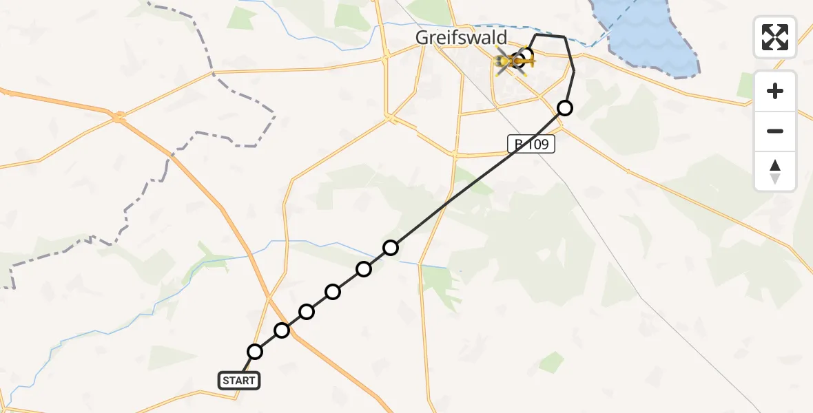 Flugroute Rettungshubschrauber Trissow - Greifswald Hospital, 19 März 2026, 11:57