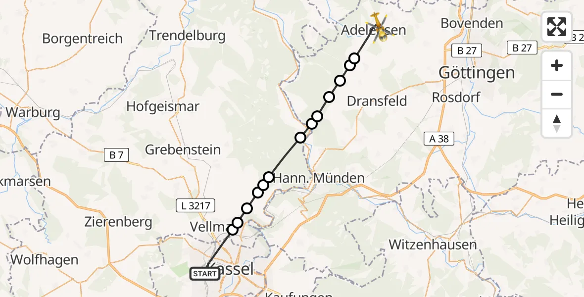 Flugroute Rettungshubschrauber Kassel - Adelebsen, 19 März 2026, 12:00