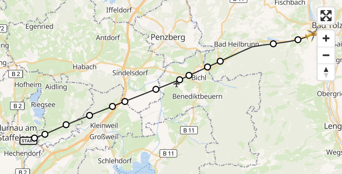 Flugroute Rettungshubschrauber Murnau Accident Hospital - Bad Tölz, 19 März 2026, 12:09