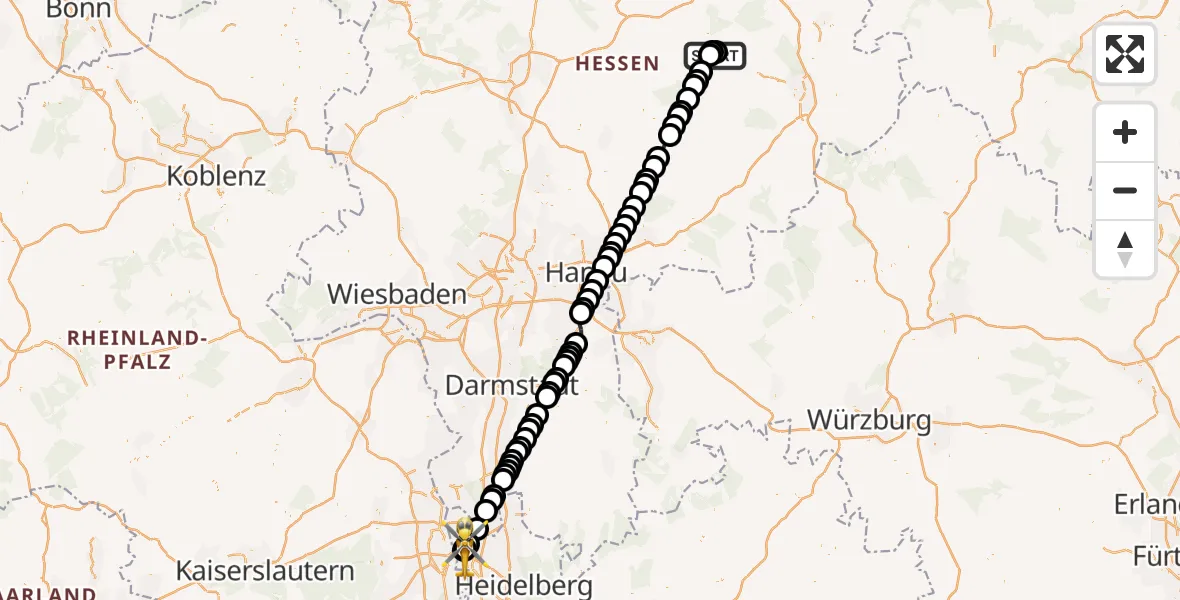 Flugroute Rettungshubschrauber Frischborn - Neckarstadt-Ost/Wohlgelegen, 19 März 2026, 12:12
