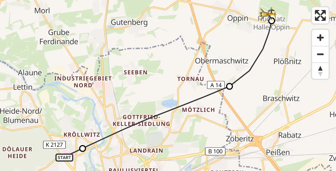 Flugroute Rettungshubschrauber Halle (Saale) University Hospital - Halle-Oppin Airfield, 19 März 2026, 12:14