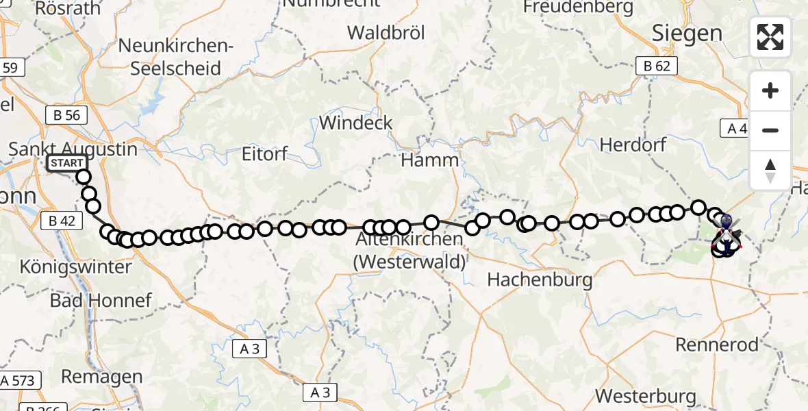 Flugroute Polizeihubschrauber Sankt Augustin - Siegerland Airport, 19 März 2026, 12:15
