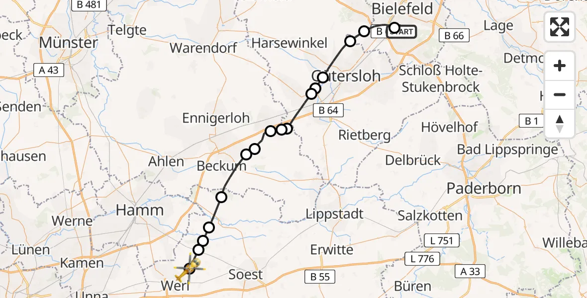 Flugroute Rettungshubschrauber Luftrettungszentrum Bielefeld - Werl, 19 März 2026, 12:29