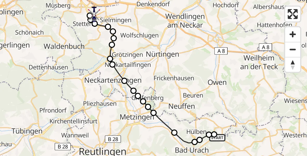 Flugroute Polizeihubschrauber Bad Urach - Stuttgart Airport, 19 März 2026, 12:29