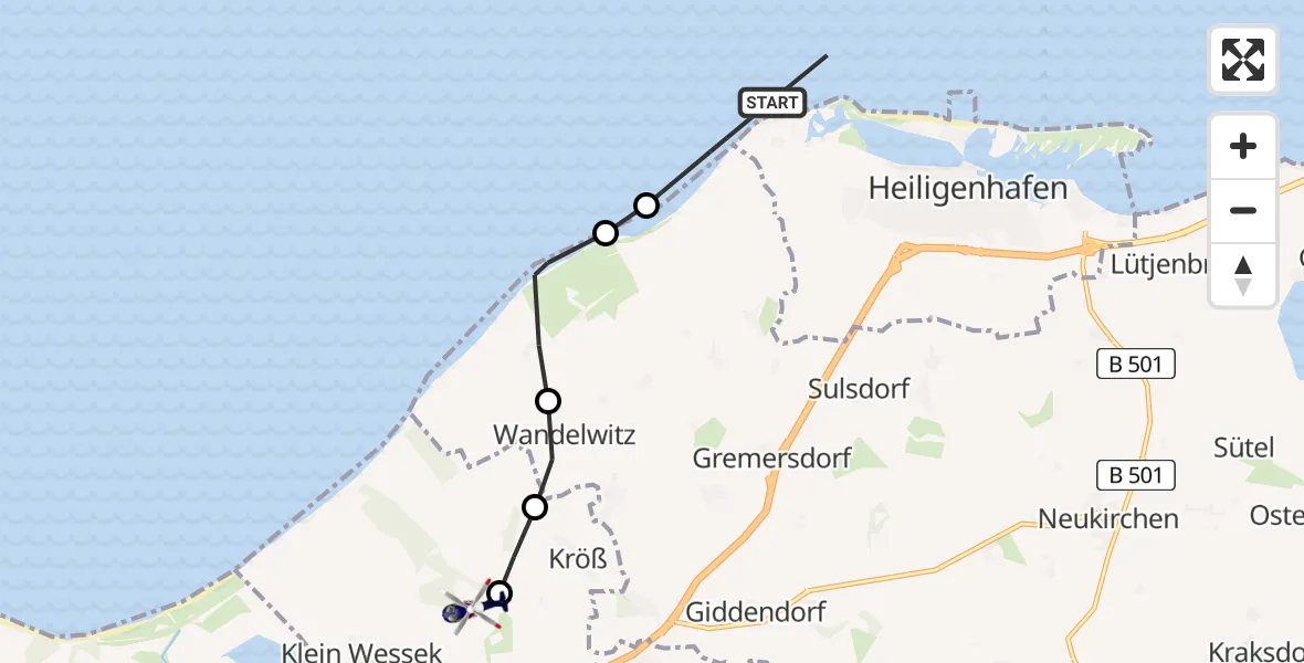 Routekaart van de vlucht: Polizeihubschrauber nach Oldenburg in Holstein, Putloser Chaussee