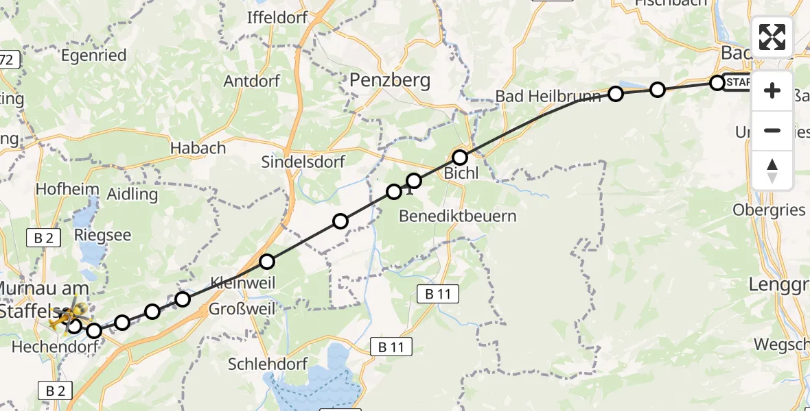 Flugroute Rettungshubschrauber Asklepios Clinic Bad Tölz - Murnau Accident Hospital, 19 März 2026, 12:37