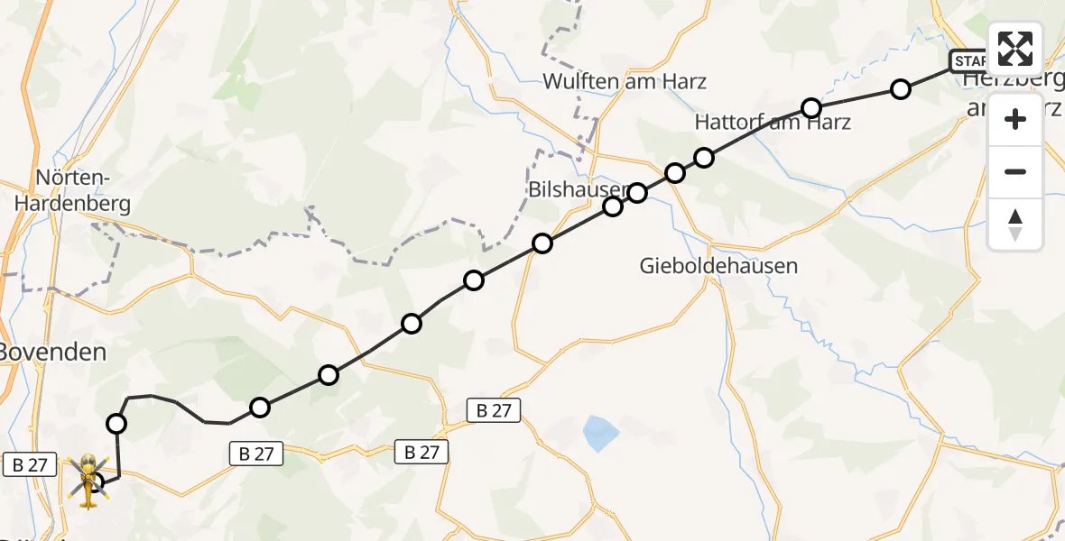 Flugroute Rettungshubschrauber Herzberg am Harz - Göttingen University Clinic Heliport, 19 März 2026, 12:39