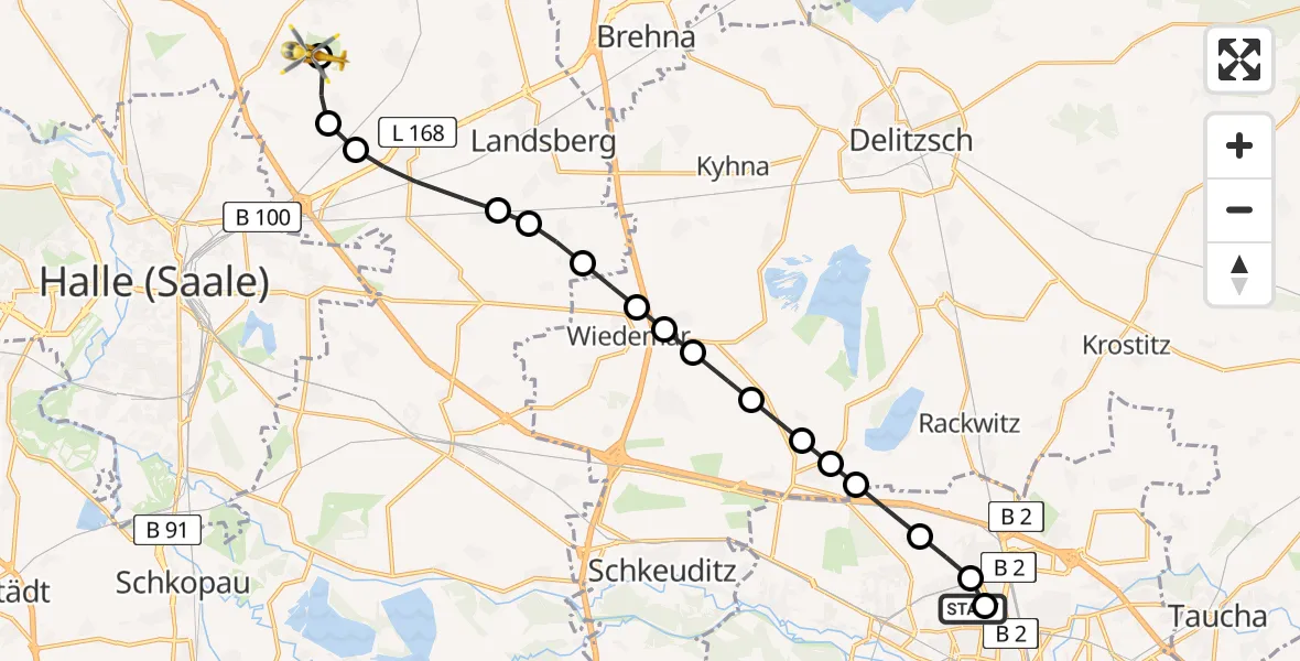 Flugroute Ambulanzhubschrauber Sankt Georg Hospital Leipzig Reserve - Halle-Oppin Airfield, 19 März 2026, 12:45