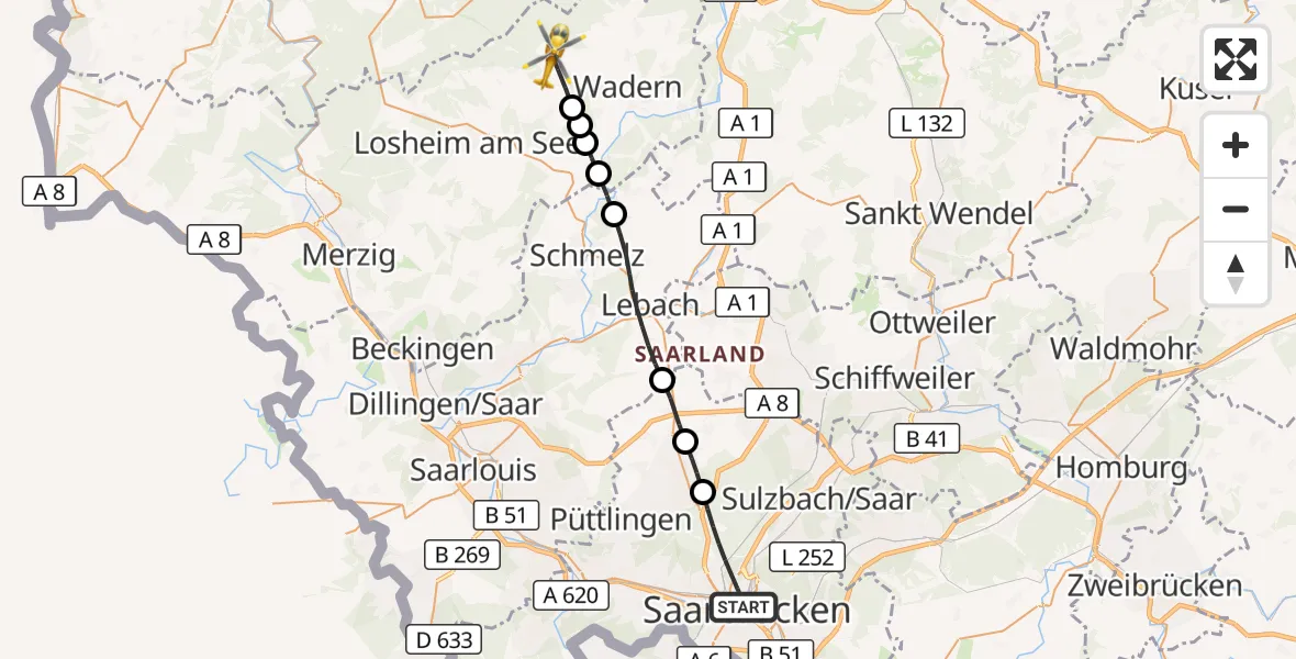 Flugroute Rettungshubschrauber Saarbrücken - Weiskirchen, 19 März 2026, 12:48