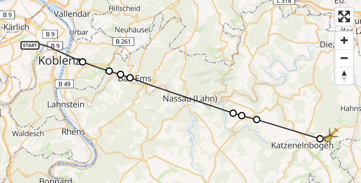 Flugroute Rettungshubschrauber Koblenz - Allendorf, 19 März 2026, 12:49
