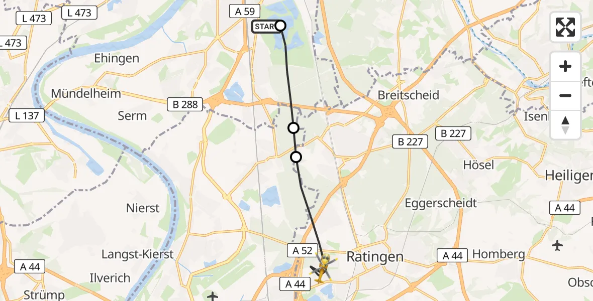 Flugroute Rettungshubschrauber Duisburg Air Rescue Heliport (Christoph 9) - Ratingen, 19 März 2026, 12:50