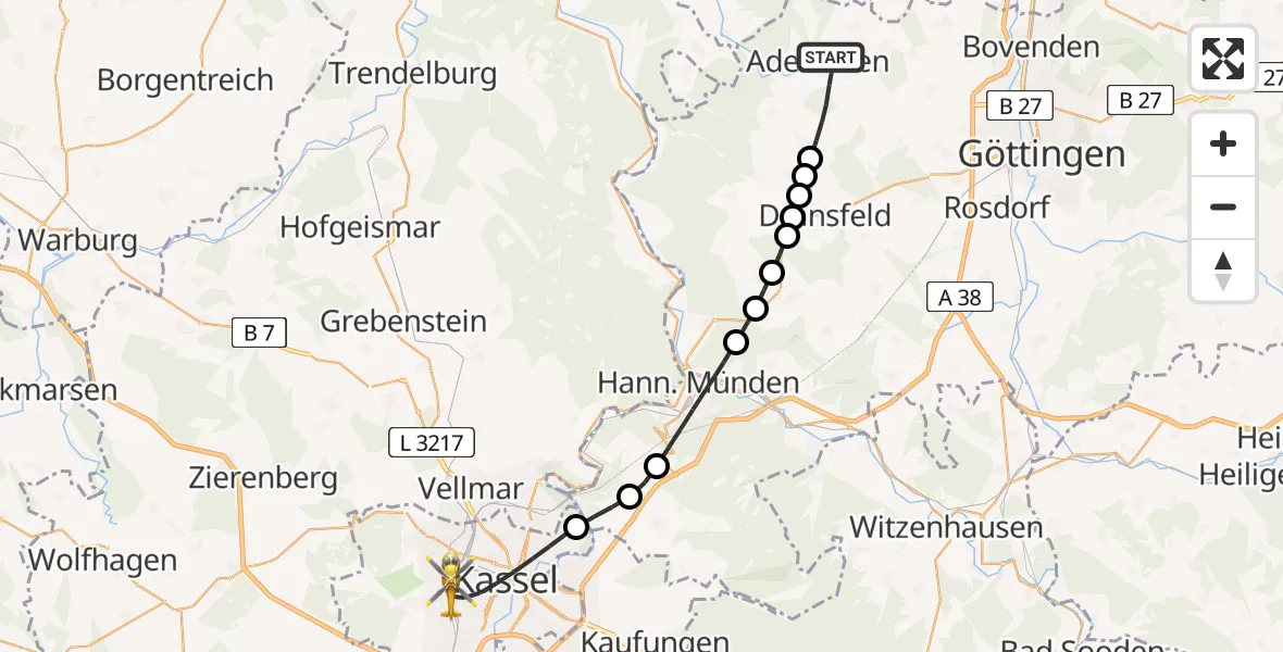 Flugroute Rettungshubschrauber Adelebsen - Kassel, 19 März 2026, 12:53
