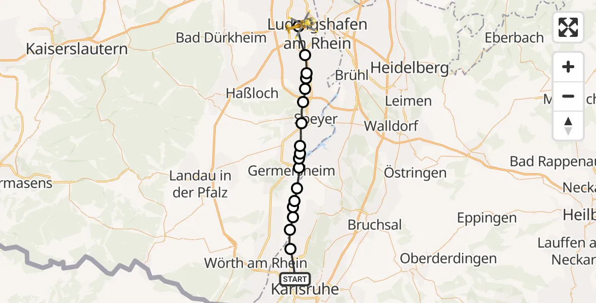 Routekaart van de vlucht: Rettungshubschrauber nach Ludwigshafen Accident Hospital