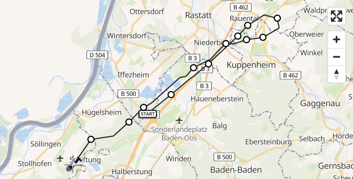 Flugroute Polizeihubschrauber Sandweier - Stollhofen, 19 März 2026, 12:57