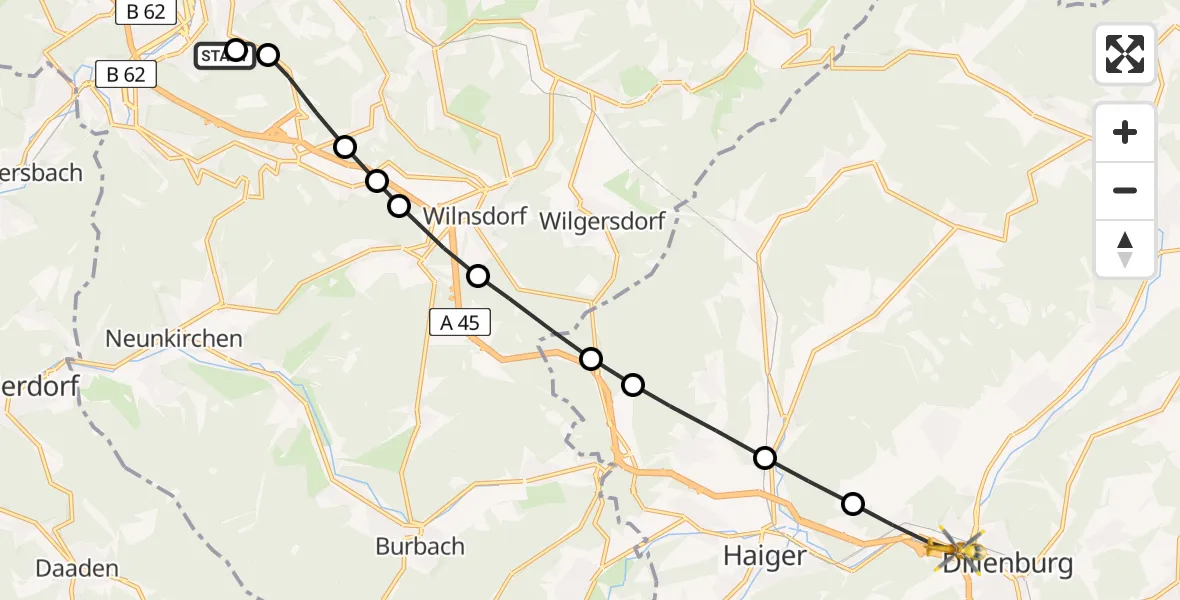 Flugroute Rettungshubschrauber Evangelisches Jung-Stilling Hospital - Dillenburg, 19 März 2026, 13:05