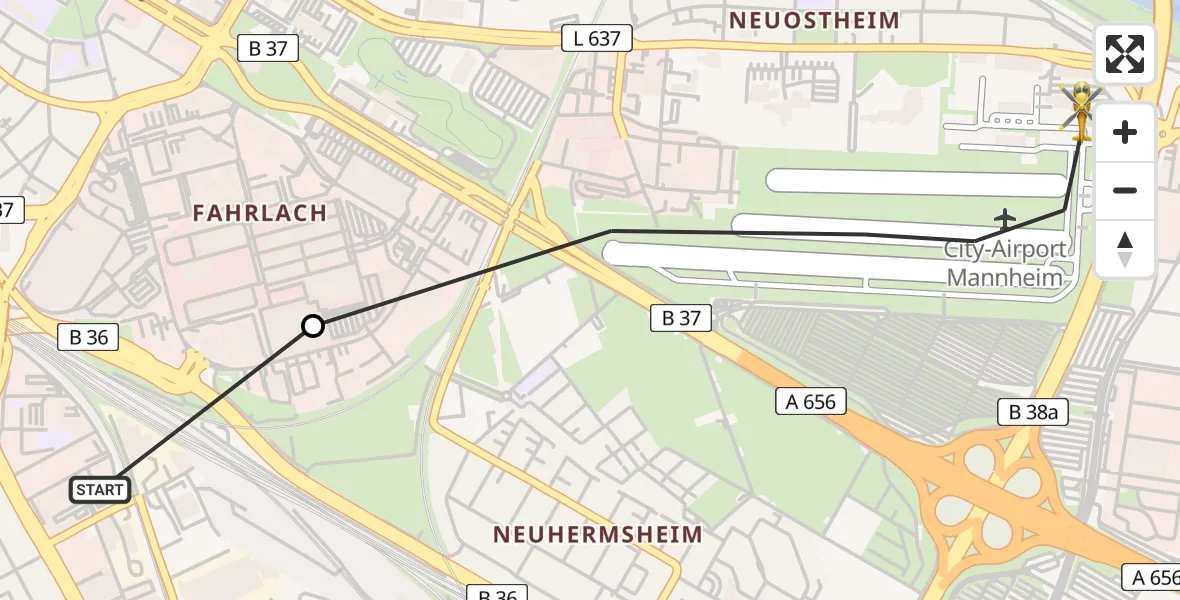 Flugroute Rettungshubschrauber Mannheim - Mannheim-City Airport, 19 März 2026, 13:14