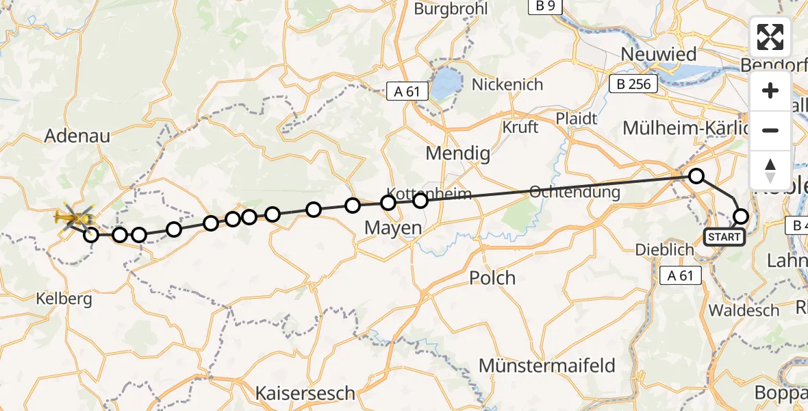 Flugroute Ambulanzhubschrauber Koblenz-Winningen Airfield - Nürburg, 19 März 2026, 13:22