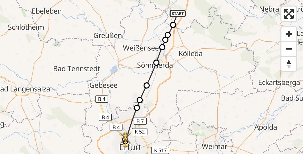 Flugroute Rettungshubschrauber Gorsleben - Helios Clinic Erfurt, 19 März 2026, 13:22