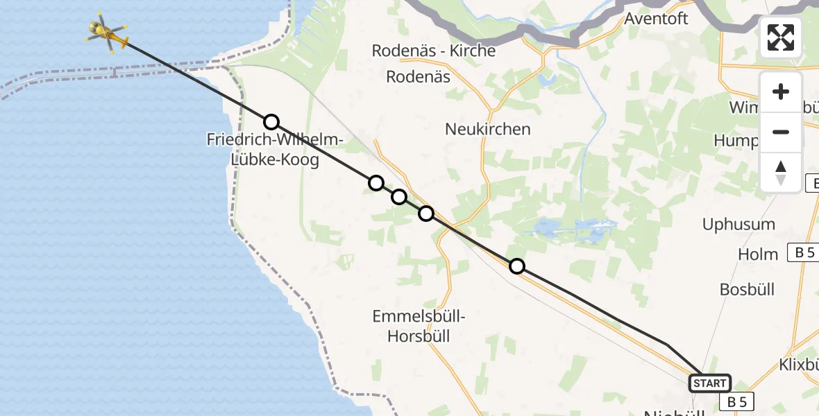 Routekaart van de vlucht: Rettungshubschrauber nach Friedrich-Wilhelm-Lübke-Koog, Uhlebüller Dorfstraße