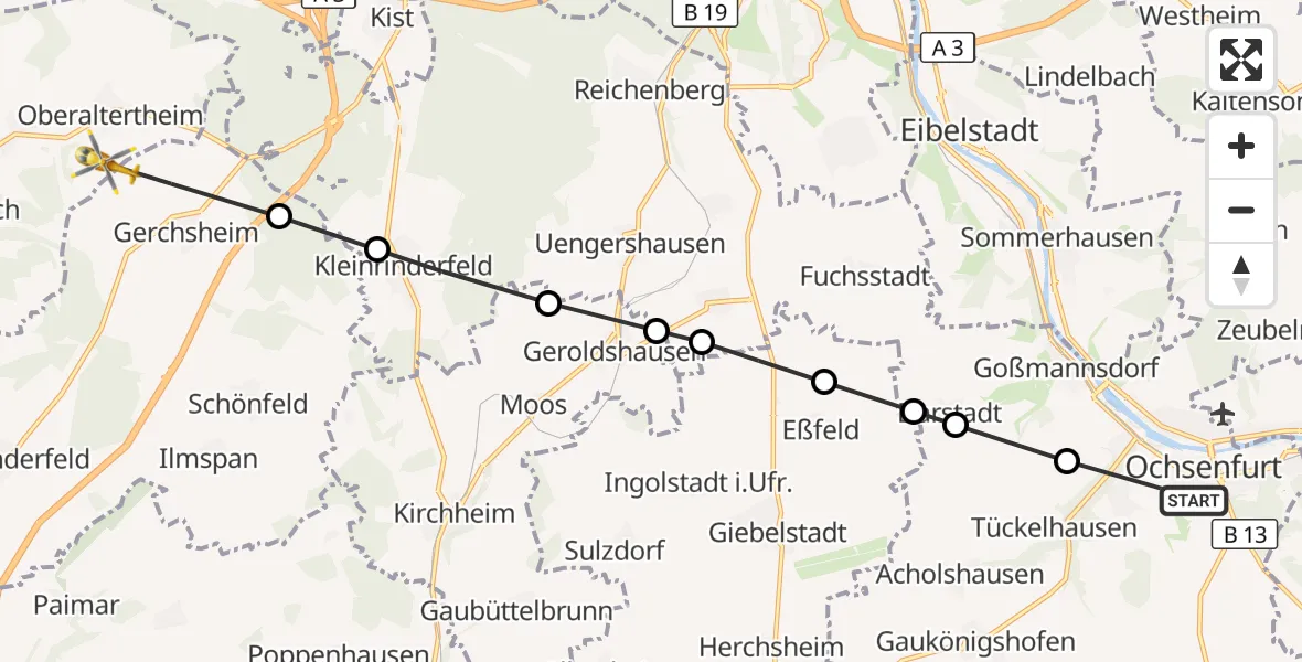 Flugroute Rettungshubschrauber Ochsenfurt - Oberaltertheim, 19 März 2026, 13:31
