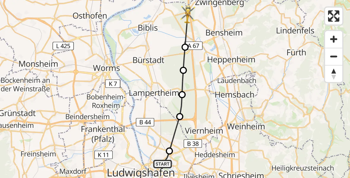 Flugroute Rettungshubschrauber Neckarstadt-Ost/Wohlgelegen - Einhausen, 19 März 2026, 13:33