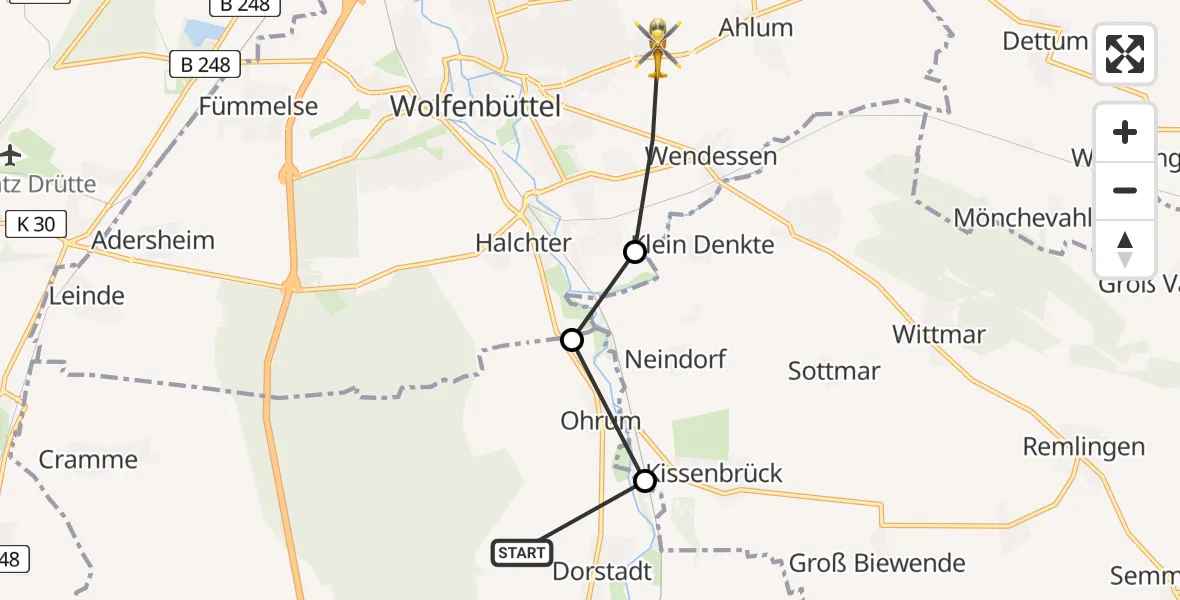 Routekaart van de vlucht: Rettungshubschrauber nach Wolfenbüttel, Dorstadt Ultralight Airfield