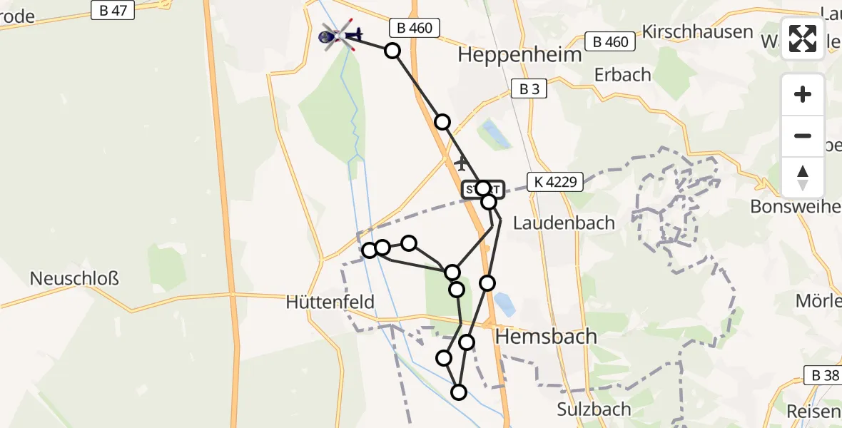 Routekaart van de vlucht: Polizeihubschrauber nach Lorsch, Heppenheim Glider Field