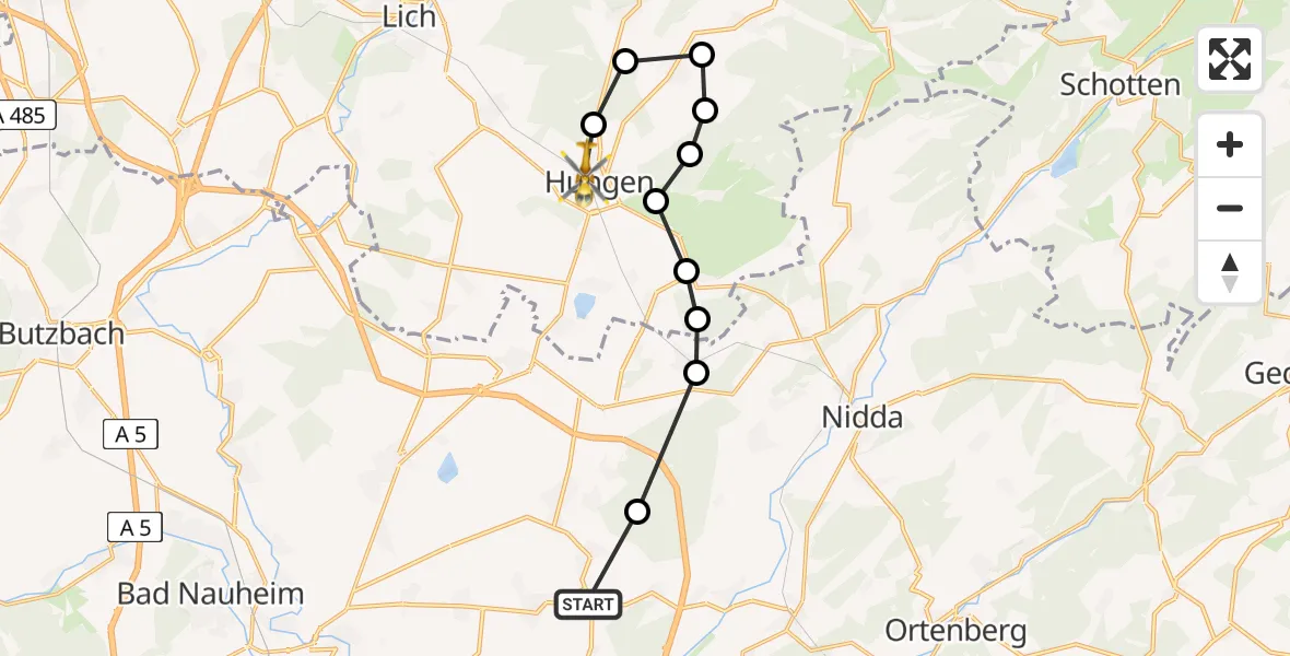 Routekaart van de vlucht: Ambulanzhubschrauber nach Hungen, L 3188