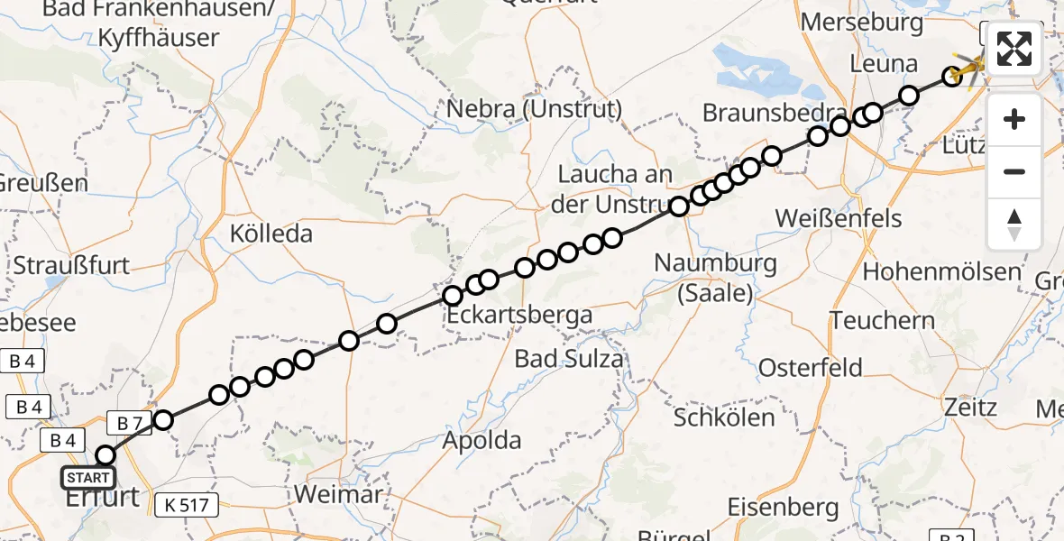 Flugroute Rettungshubschrauber Helios Clinic Erfurt - Witzschersdorf, 19 März 2026, 14:11