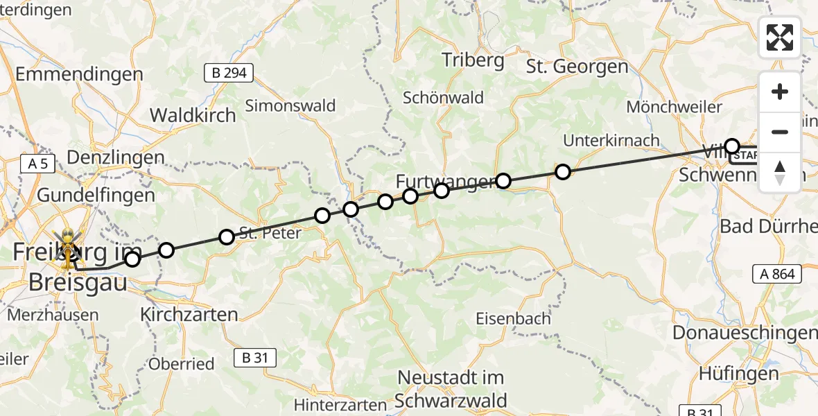 Flugroute Rettungshubschrauber DRF Air Rescue Station Villingen-Schwenningen Heliport (Christoph 11) - Freiburg University Hospital Heliport 2, 19 März 2026, 14:12