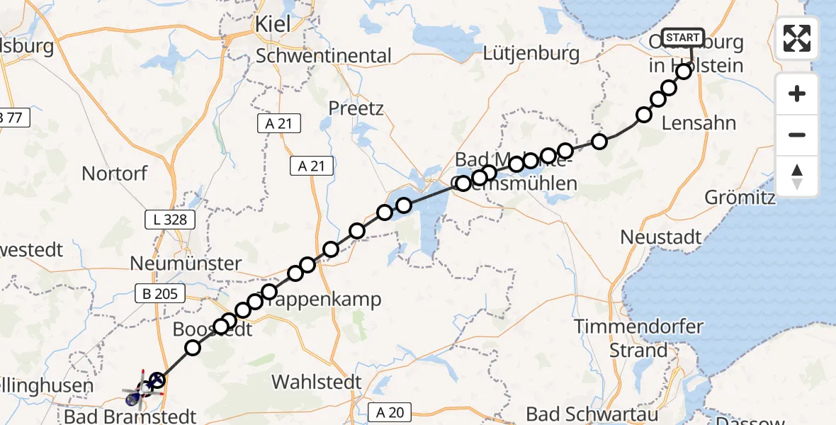 Flugroute Polizeihubschrauber Oldenburg in Holstein - Bad Bramstedt Heliport, 19 März 2026, 14:20