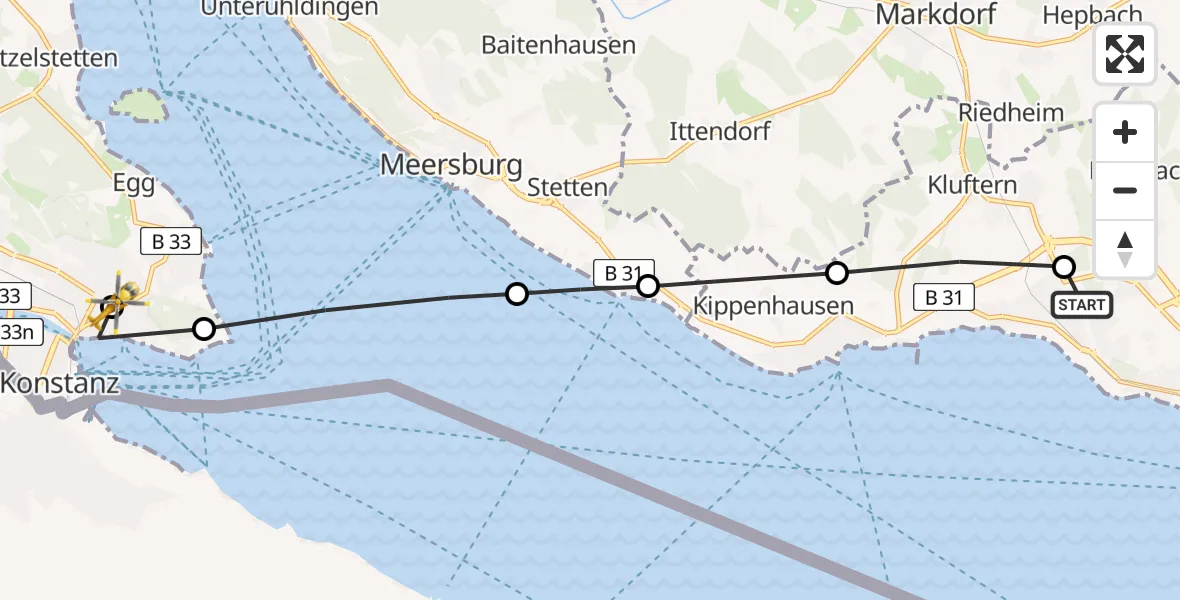 Flugroute Rettungshubschrauber Friedrichshafen Hospital - Konstanz Hospital, 19 März 2026, 14:26