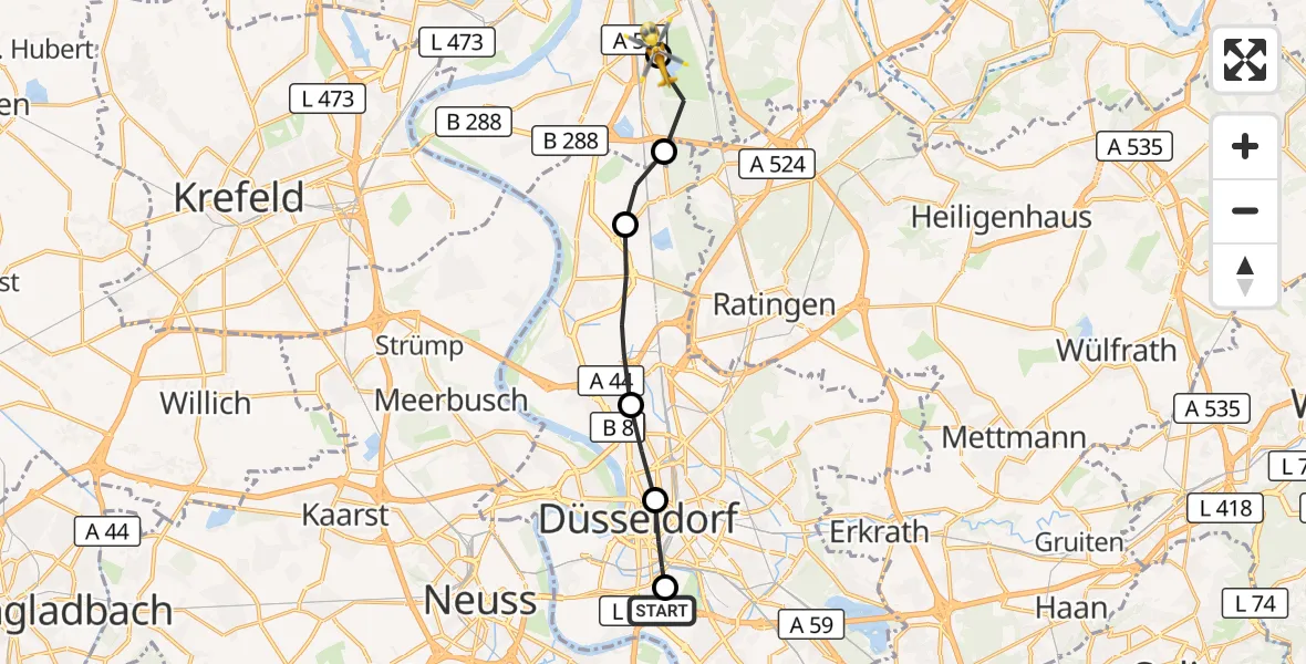 Flugroute Rettungshubschrauber Düsseldorf University Hospital - Duisburg Air Rescue Heliport (Christoph 9), 19 März 2026, 14:31