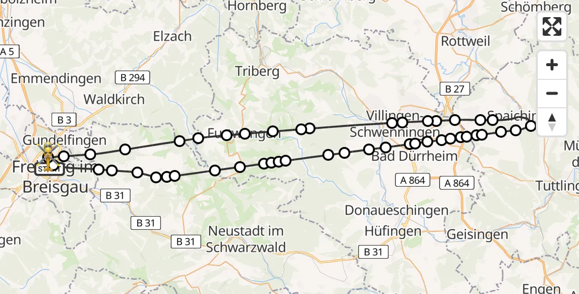 Routekaart van de vlucht: Rettungshubschrauber nach Freiburg im Breisgau Airfield