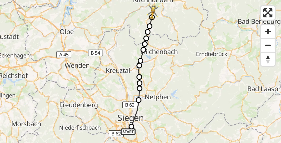 Flugroute Rettungshubschrauber Evangelisches Jung-Stilling Hospital - Flape, 19 März 2026, 14:48