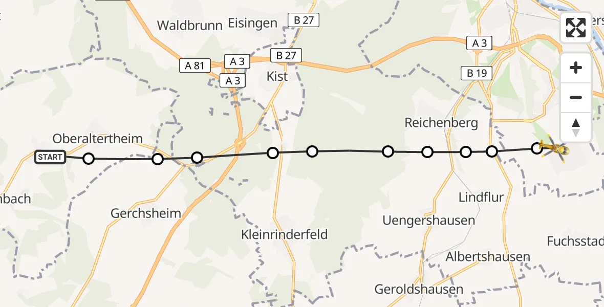 Flugroute Rettungshubschrauber Unteraltertheim - Würzburg, 19 März 2026, 14:48