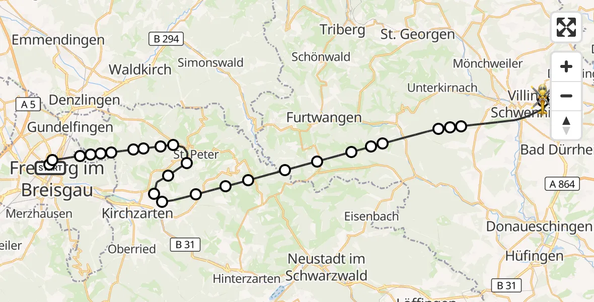 Flugroute Rettungshubschrauber Freiburg University Hospital Heliport 2 - DRF Air Rescue Station Villingen-Schwenningen Heliport (Christoph 11), 19 März 2026, 14:49