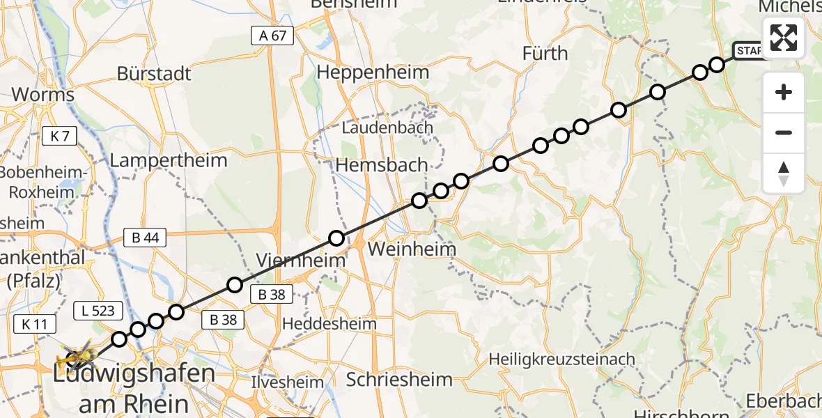 Flugroute Rettungshubschrauber Elsbach - Ludwigshafen Accident Hospital, 19 März 2026, 14:53