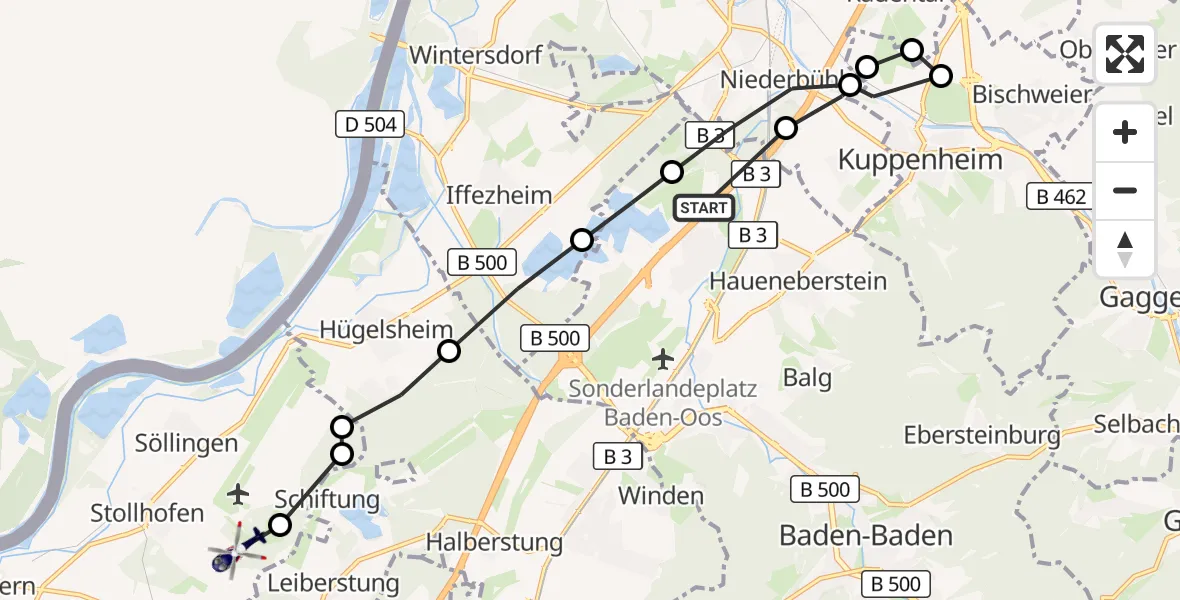 Flugroute Polizeihubschrauber Sandweier - Stollhofen, 19 März 2026, 15:09