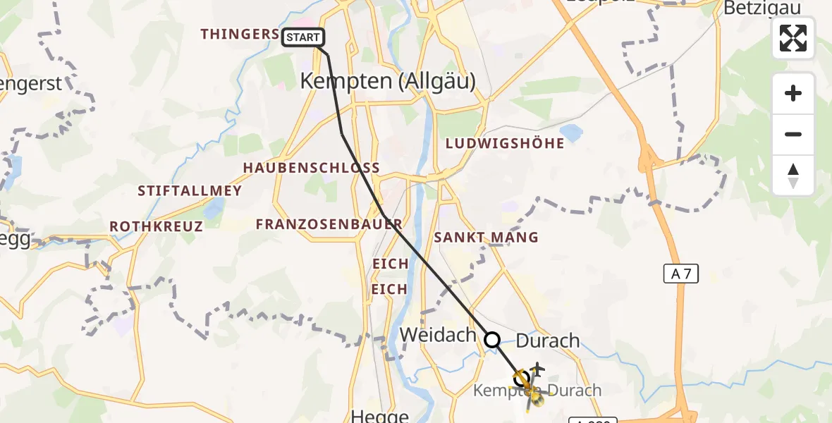 Flugroute Rettungshubschrauber Kempten (Allgäu) - Kempten-Durach Airfield, 19 März 2026, 15:14