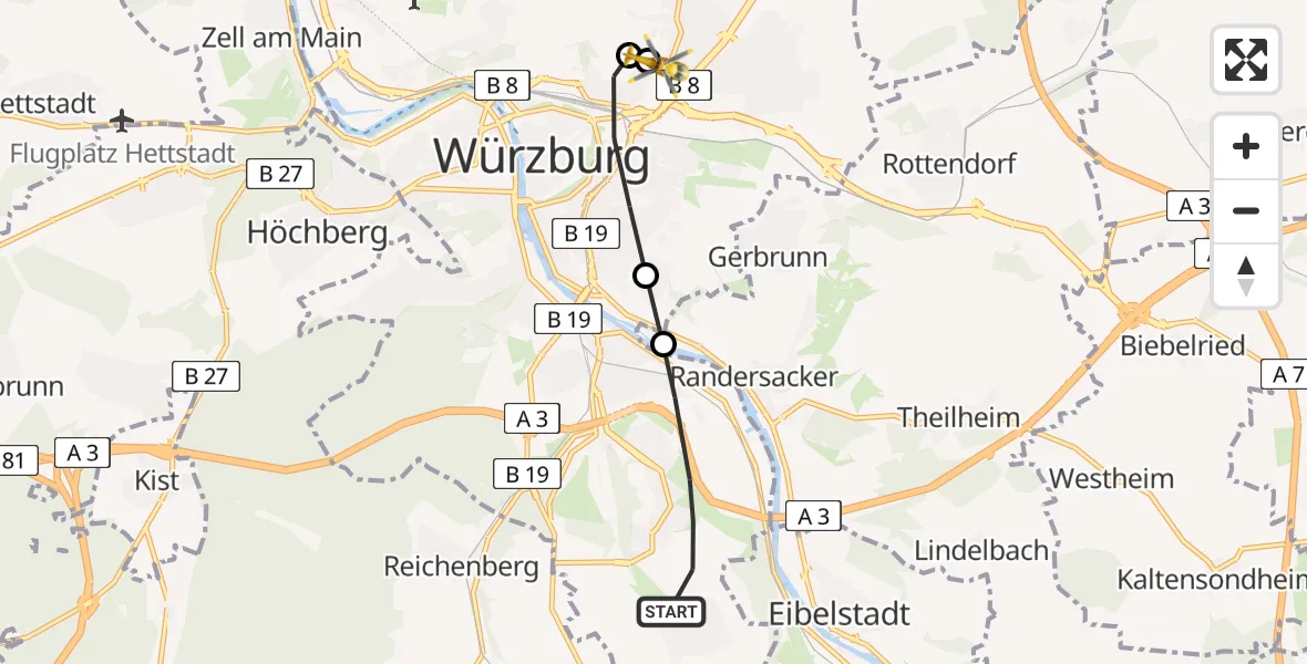 Flugroute Rettungshubschrauber Würzburg - Würzburg University Hospital Rooftop, 19 März 2026, 15:17