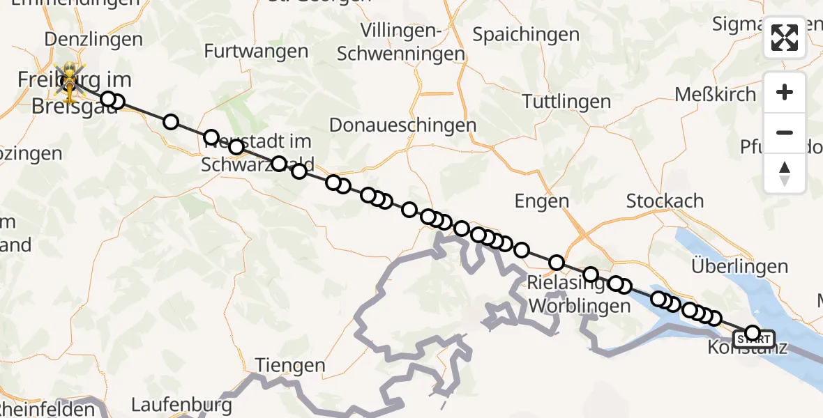 Routekaart van de vlucht: Rettungshubschrauber nach Freiburg University Hospital Heliport 1