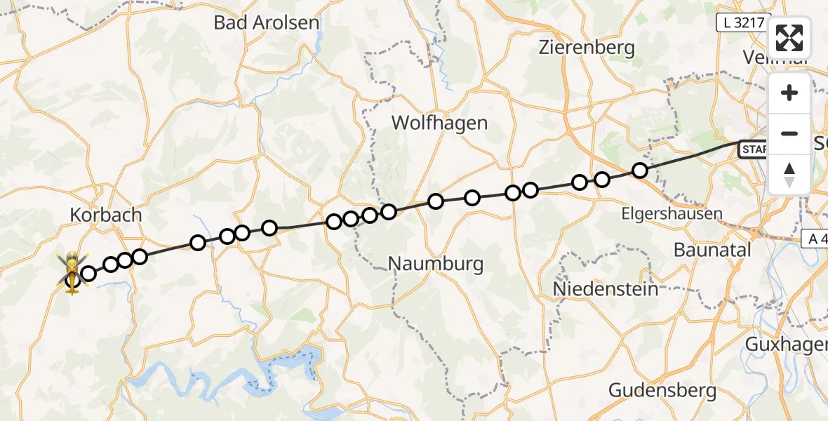 Flugroute Rettungshubschrauber Kassel - Nordenbeck, 19 März 2026, 15:29