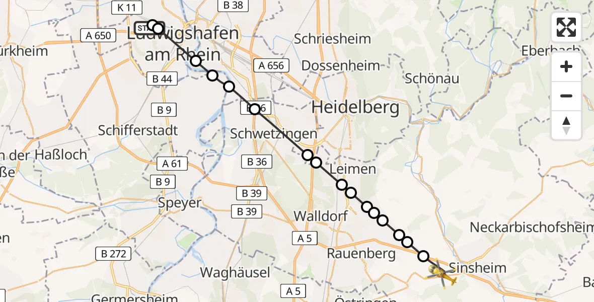 Flugroute Rettungshubschrauber Ludwigshafen Accident Hospital - Sinsheim, 19 März 2026, 15:30