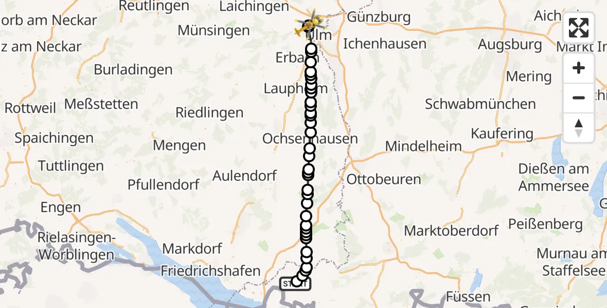 Flugroute Rettungshubschrauber Lindenberg im Allgäu - Ulm Military Hospital Emergency, 19 März 2026, 15:41