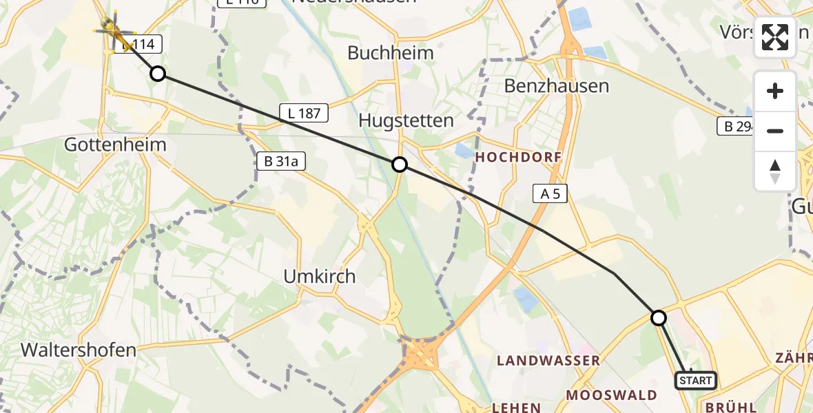 Flugroute Rettungshubschrauber Freiburg im Breisgau Airfield - Bötzingen, 19 März 2026, 15:42