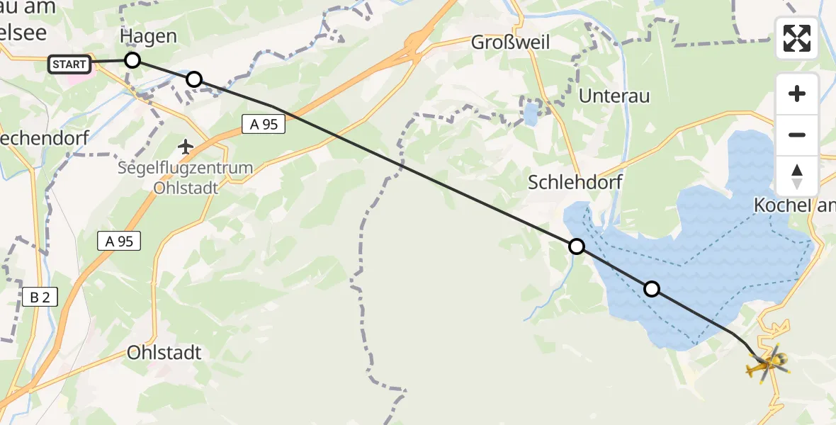 Routekaart van de vlucht: Rettungshubschrauber nach Kochel am See, Kesselbergstraße