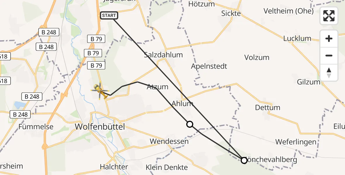 Flugroute Rettungshubschrauber Südstadt-Rautheim-Mascherode - Wolfenbüttel Municipal Hospital Heliport (Christoph 30), 19 März 2026, 15:54