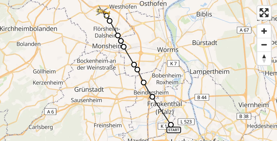 Routekaart van de vlucht: Rettungshubschrauber nach Gundersheim, Katzensteiner Straße